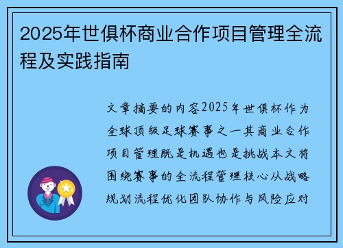 2025年世俱杯商业合作项目管理全流程及实践指南