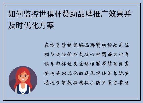 如何监控世俱杯赞助品牌推广效果并及时优化方案